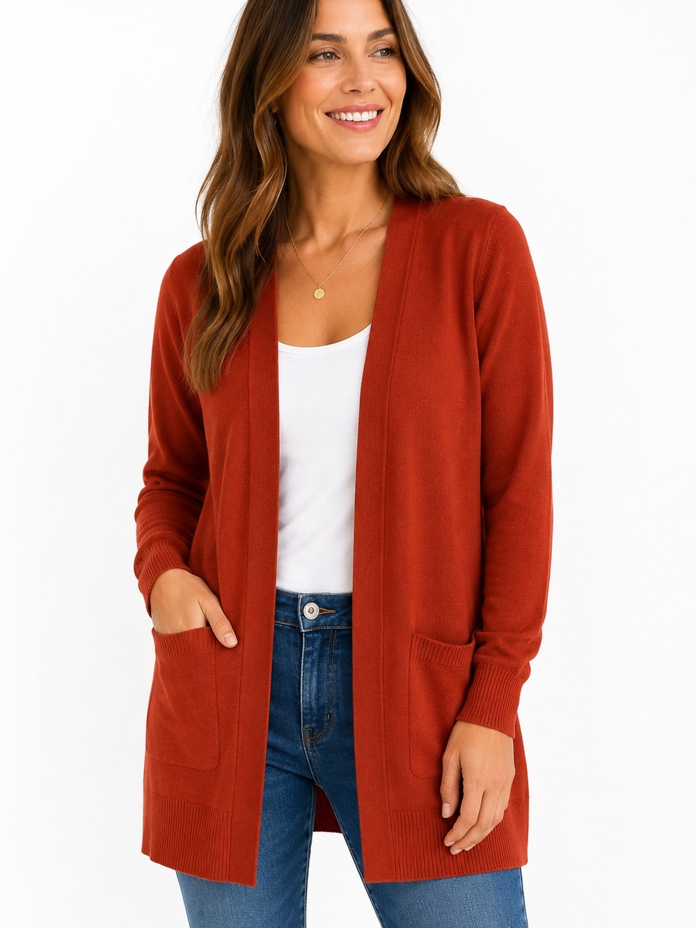 Matty M Rust Orange Open Front Long Cardigan Sweater Size S